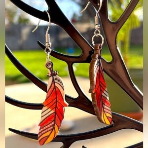 Retro Feather Wooden earrings 60s boho wood dangle drop New bird lover gift